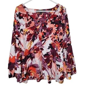 Lane Bryant Chiffon Long Bell Sleeve Blouse, V-Neck Abstract Print Sz 18-20